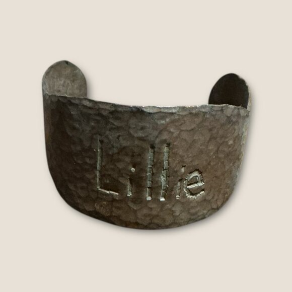 Wide Hammered Metal Cuff Bracelet With "Lillie" Name Engraved - Picture 2 of 5